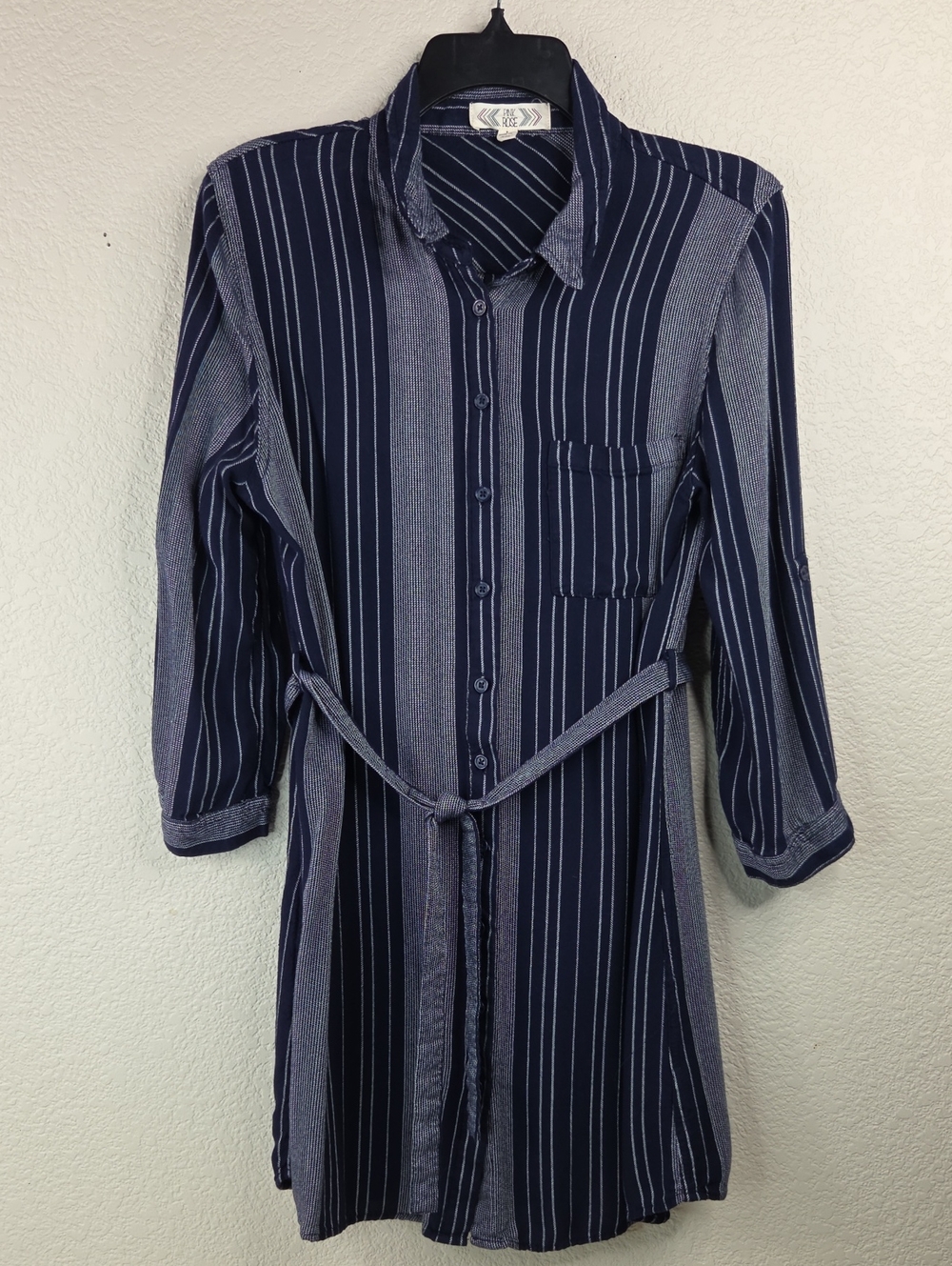 Pink Rose Navy and Light Blue Striped Button-Front Shirt Dress